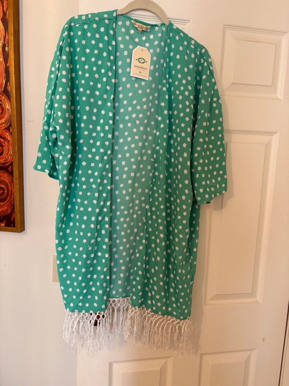 Ananda’s Turquoise Polka Dot Kimono Shrug with Fringe